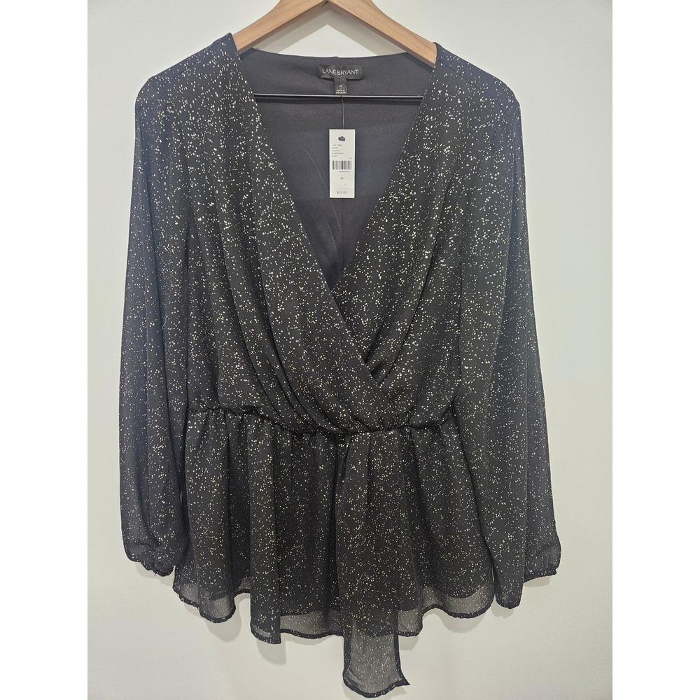 Lane Bryant Black Gold Foil Splatter Surplice Peplum Blouse NWT‎ Size 14 Holiday